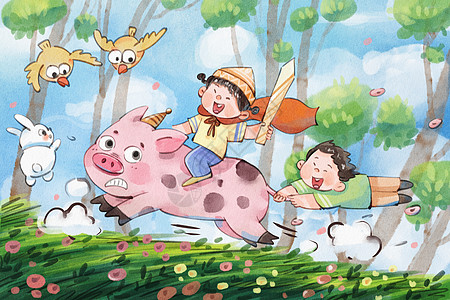 手绘猪手绘水彩之骑猪的儿童可爱搞笑治愈系插画插画