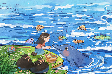 手绘水彩之世界海洋日之女孩与海豚互动治愈插画图片