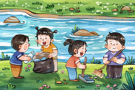 地球炫光手绘水彩之世界环境日儿童捡垃圾场景插画插画