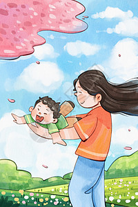 妇女节花手绘水彩母亲节之妈妈飞机抱孩子温馨治愈插画插画