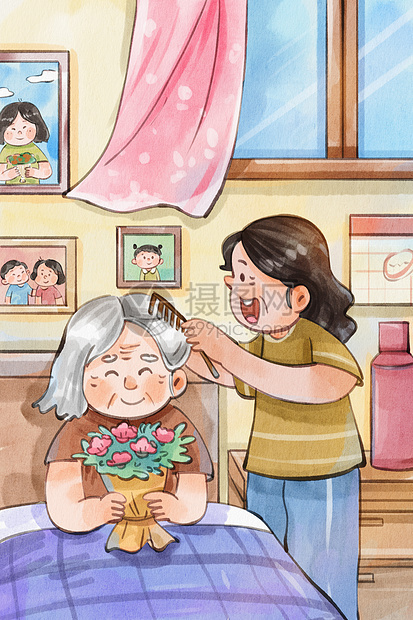 手绘水彩母亲节之女儿给母亲梳头温馨治愈插画图片