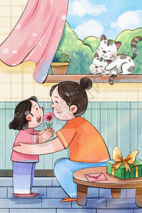 感谢聆听手绘水彩母亲节之女孩给妈妈送花温馨治愈系插画插画