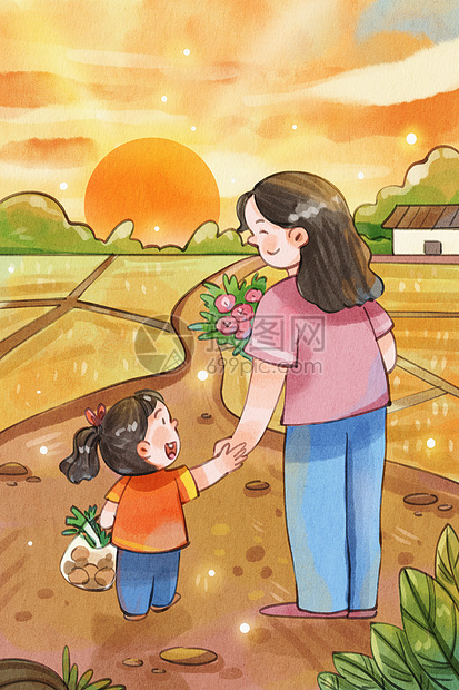 手绘水彩母亲节之女孩牵着妈妈的手回家温馨治愈系插画图片