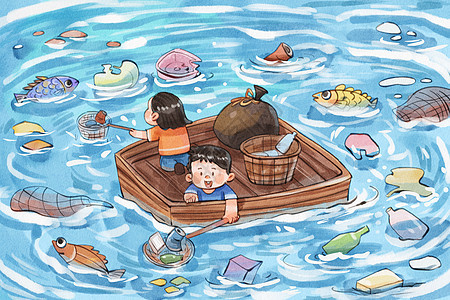 手绘水彩世界海洋日之大家在海上捡垃圾插画图片