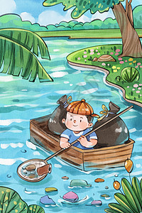 手绘水彩世界环境日之男孩在水上捞垃圾插画图片