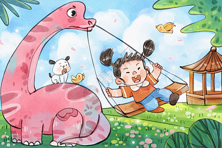 手绘水彩儿童节之恐龙与儿童荡秋千治愈插画高清图片