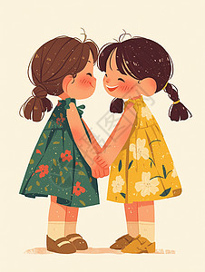 两个穿花裙子的卡通小女孩手拉手图片