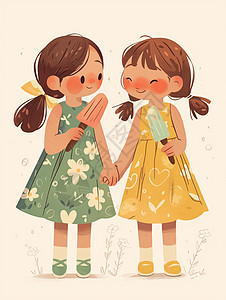 两个穿花裙子的卡通女孩手拉着手吃雪糕图片