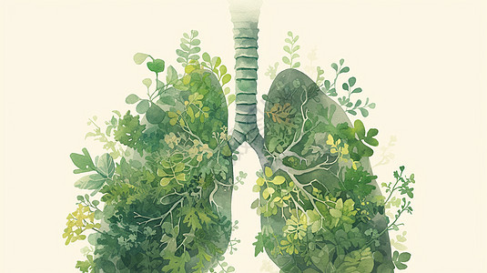 绿色卡通肺部造型铺满了绿叶图片