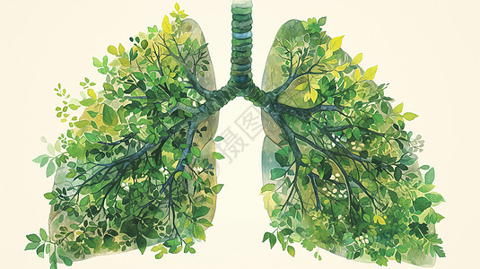 卡通肺部造型铺满了绿叶图片