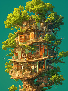 梦幻多层壮丽的卡通树屋图片