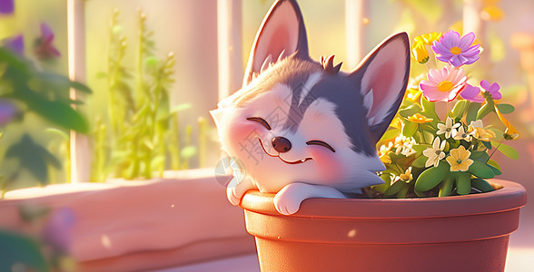 在花盆中玩耍的可爱卡通小狗图片