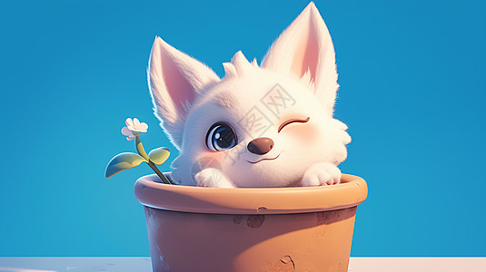 在花盆中玩耍的可爱卡通小动物图片
