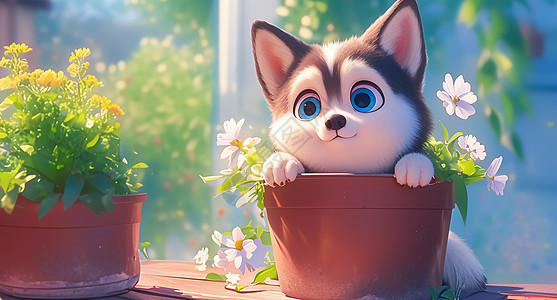 在花盆中可爱卡通小狗图片