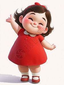 穿着红色连衣裙打招呼的肥胖可爱的卡通小女孩图片