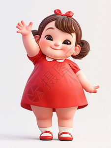 穿红色连衣裙打招呼的可爱的卡通小女孩图片