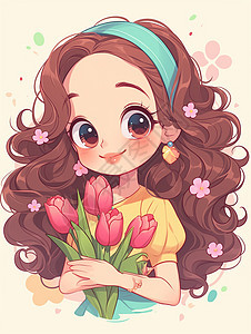 怀抱着彩色郁金香花朵长卷发可爱的卡通女孩图片