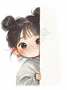 躲在墙后的梳丸子头的可爱卡通小女孩图片