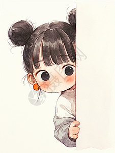 躲在墙后的梳丸子头的可爱卡通女孩图片