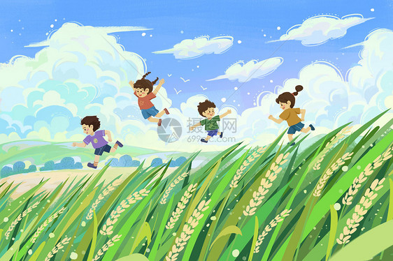 小孩子在田园间自由开心的奔跑图片