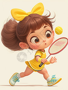 穿黄色运动套装打网球的卡通女孩图片