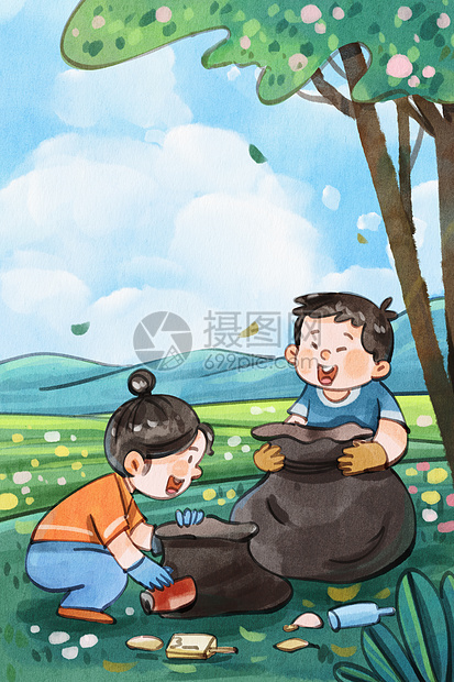 手绘水彩环境日之两个孩子捡垃圾场景插画图片