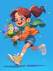 抱着花束奔跑的卡通女孩图片