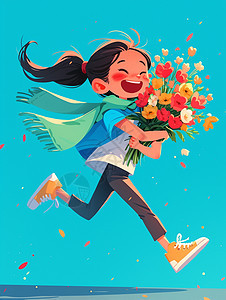 抱着花束开心奔跑的卡通小女孩图片