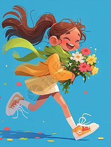 抱着花束奔跑的卡通小女孩图片
