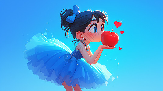 手捧着红苹果穿着蓬蓬裙的卡通小女孩图片
