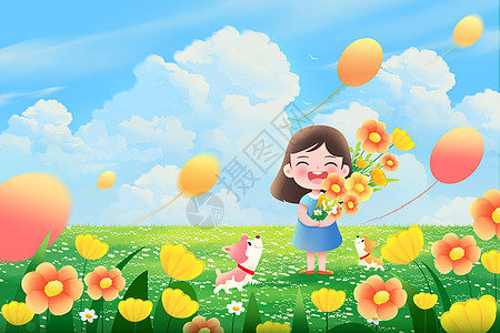 草坪气球六一儿童节女孩草坪欢乐玩耍插画插画