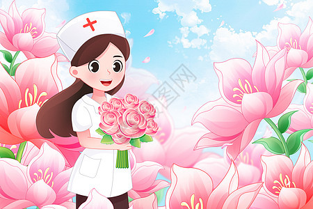 国际护士节白衣护士粉色花卉插画图片