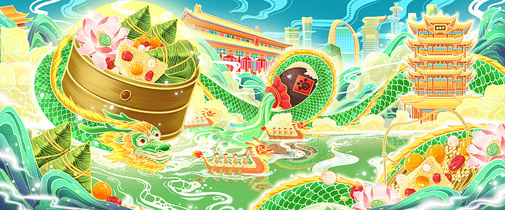 国潮中国风端午粽子赛龙舟中国龙黄鹤楼北京古建筑插画图片