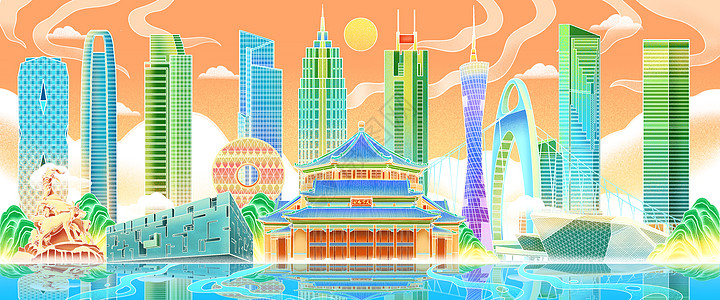 建筑地标国潮风广东广州地标古建筑现代大厦场景插画插画