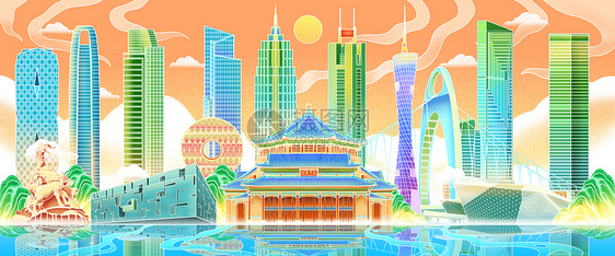 国潮风广东广州地标古建筑现代大厦场景插画图片