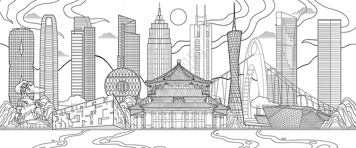 国潮风广东广州地标古建筑现代大厦线稿场景插画图片