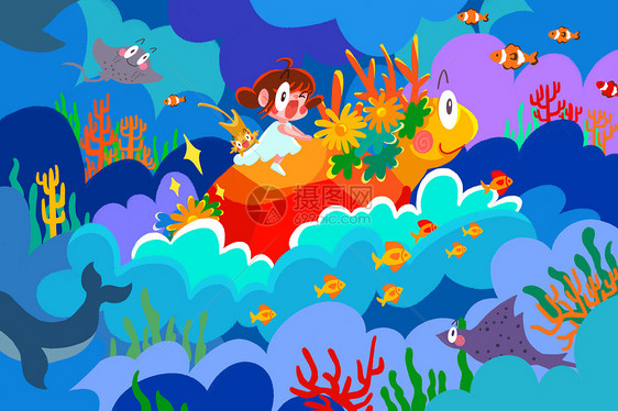 世界海洋日海浪花海龟女孩猫背景海报运营插画图片