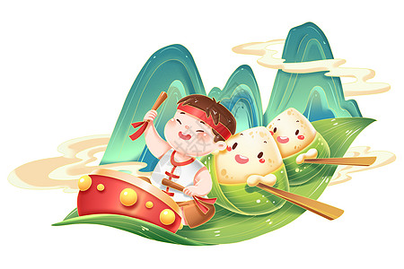 卡通端午节儿童和拟人粽子划粽叶舟场景图片