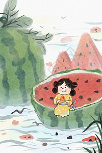 手绘水墨夏季水果系列之西瓜插画图片