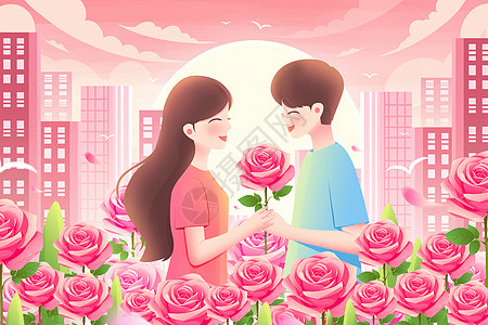 520花丛中一个男人送玫瑰花给女人插画图片