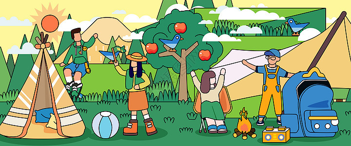 儿童节露营夏令营登山户外活动线描风插画Banner图片