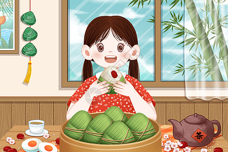 端午节吃粽子的女孩图片