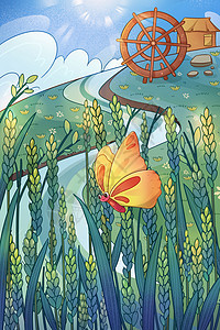 小满节气风景麦穗地的蝴蝶插画图片