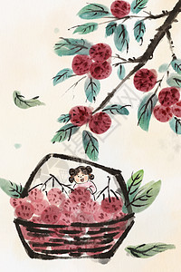 手绘水墨夏季水果系列之杨梅插画图片