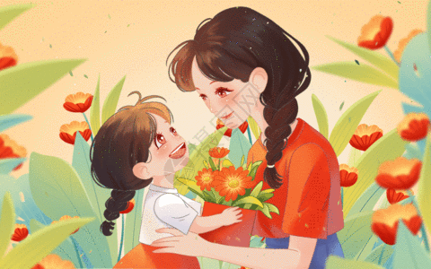 传统节日母亲节母女温馨花草手绘插画暖色GIF图片
