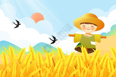 夏天夏日小麦稻草人小满芒种丰收插画图片