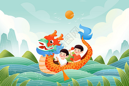 夏天国潮国风端午龙舟划船插画海报图片
