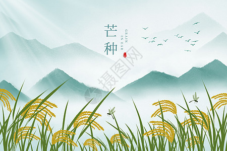 夏日夏天水墨风芒种小满水稻插画海报图片