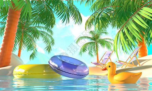 c4d立体夏季风景海边椰树下游泳圈和小黄鸭3d插画图片