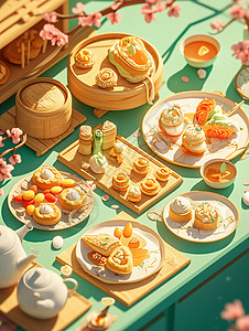 一桌丰盛的卡通传统美食图片